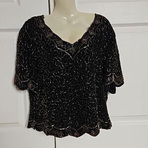 La Madona Women's Scalloped  Beaded Short Sleeves Top Large Black/ Gold